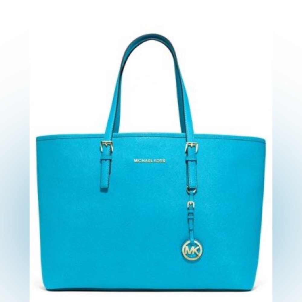 ☀️Michael Kors turquoise saffiano-style leather Jet Set tote Dark Mountain teal